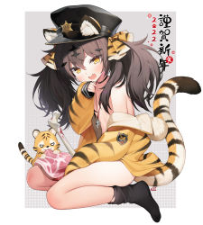 Rule 34 | 1girl, :d, animal, animal ears, animal print, black choker, black hair, black hat, black socks, blood, bone, brown eyes, brown jacket, byulzzi, chinese zodiac, choker, collarbone, commentary request, ears through headwear, fang, food, full body, grey background, hair between eyes, hand up, hat, jacket, long hair, long sleeves, looking at viewer, meat, naked jacket, nengajou, new year, off shoulder, open mouth, original, peaked cap, puffy long sleeves, puffy sleeves, seiza, sitting, sleeves past wrists, smile, socks, solo, tail, tiger, tiger ears, tiger girl, tiger print, tiger tail, translation request, twintails, two-tone background, v-shaped eyebrows, whistle, whistle around neck, white background, year of the tiger