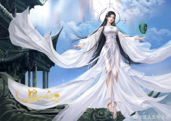 Rule 34 | 1girl, absurdres, artist request, bare legs, barefoot, black hair, building, closed mouth, cloud, dress, earrings, expressionless, facial mark, floating, forehead mark, head tilt, hen ren nudi (zhe tian), highres, jewelry, light rays, long hair, mask, second-party source, solo, white dress, zhe tian