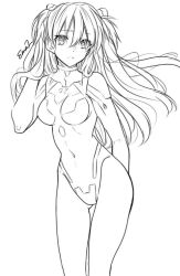 Rule 34 | 1girl, bodysuit, breasts, covered navel, evangelion: 3.0+1.0 thrice upon a time, feet out of frame, floating hair, hair between eyes, hand in own hair, interface headset, long hair, looking at viewer, medium breasts, monochrome, n0lilica, neon genesis evangelion, plugsuit, rebuild of evangelion, simple background, solo, souryuu asuka langley, white background