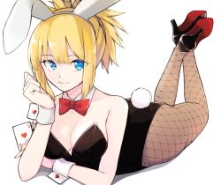 Rule 34 | 1girl, alternate costume, animal ears, ass, bare shoulders, black leotard, blonde hair, blue eyes, bow, bowtie, breasts, closed mouth, detached collar, dr. stone, fake animal ears, fake tail, fishnet pantyhose, fishnets, high heels, kohaku (dr. stone), leotard, looking at viewer, lying, maru (pixiv51714255), medium breasts, on stomach, pantyhose, playboy bunny, rabbit ears, rabbit tail, simple background, smile, solo, strapless, strapless leotard, tail, white background, wrist cuffs