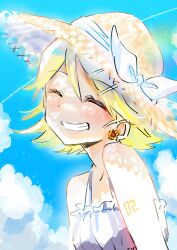 Rule 34 | 1girl, absurdres, bare shoulders, blonde hair, blue sky, blush, bow, cloud, dress, earrings, flower, flower earrings, frilled dress, frills, grin, hair ornament, hairclip, hat, hat bow, highres, jewelry, kagamine rin, number tattoo, pafufu, pale skin, short hair, shoulder tattoo, sketch, sky, sleeveless, sleeveless dress, smile, solo, sparkle, straw hat, sun hat, sundress, sunflower, tattoo, teeth, vocaloid, white bow, white dress