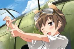 Rule 34 | 1girl, aircraft, airplane, animal ears, blush, brown eyes, brown hair, goggles, goggles on head, hi-ho-, japanese clothes, katou keiko, open mouth, short hair, solo, strike witches, world witches series