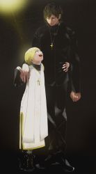 Rule 34 | 2boys, ari (ari 0212), arm around waist, bad id, bad pixiv id, blonde hair, brown eyes, brown hair, child, cross, cross necklace, fang, fate/zero, fate (series), gilgamesh (fate), jewelry, kotomine kirei, male focus, multiple boys, necklace, priest, red eyes, robe, shoes, sneakers, aged down
