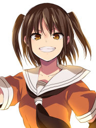 Rule 34 | 10s, 1girl, black neckerchief, brown eyes, brown hair, collarbone, eyebrows, grin, ica, kantai collection, looking at viewer, neckerchief, school uniform, sendai (kancolle), serafuku, short sleeves, simple background, smile, solo, teeth, two side up, upper body, white background