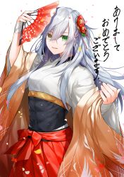 Rule 34 | 1girl, abs, arm up, bandages, breasts, commentary request, covered navel, cowboy shot, eyes visible through hair, green eyes, hair between eyes, hair ornament, hakama, hakama skirt, hand fan, hand up, heterochromia, highres, japanese clothes, long hair, looking at viewer, messy hair, muscular, muscular female, new year, original, petals, ribs, shiny skin, sidelocks, silver hair, skin tight, skirt, small breasts, smile, solo, text background, translation request, waka (shark waka), wide sleeves, yellow eyes
