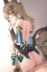 Rule 34 | 1boy, 1girl, absurdres, ahoge, animal ears, ass, back, bell, blue skirt, blush, breasts, bridal gauntlets, cat ears, cat girl, cat tail, choker, clenched teeth, detached sleeves, genshin impact, girl on top, green eyes, hair ornament, hairclip, hetero, high ponytail, highres, jingle bell, kirara (genshin impact), large breasts, light brown hair, long hair, looking at viewer, looking back, miniskirt, multiple tails, n9at, nipples, reverse cowgirl position, sex, sex from behind, sidelocks, sitting, sitting on person, skirt, slit pupils, straddling, tail, teeth, thighs, two tails