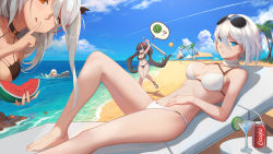 Rule 34 | 5girls, alternate costume, azur lane, barefoot, baseball bat, beach, bikini, black hair, blindfold, blue eyes, blue sky, blush, breasts, can, chair, chinese commentary, choker, cleavage, cocktail glass, collarbone, commentary request, cross, cross earrings, cup, day, deutschland (azur lane), drink can, drinking glass, drinking straw, earrings, finger to mouth, flag print, floatie, food, fruit, german flag bikini, graf zeppelin (azur lane), groin, hair between eyes, hand on own stomach, highres, holding, holding baseball bat, holding bat, holding food, jewelry, large breasts, leaning forward, linzhong de xiongbaobao, long hair, looking at viewer, lounge chair, low twintails, lying, multicolored hair, multiple girls, navel, ocean, outdoors, palm tree, prinz eugen (azur lane), prinz eugen (unfading smile) (azur lane), red hair, revision, sand, sandals, scarf, short hair, shushing, silver hair, sky, soda can, spoken food, stomach, streaked hair, suikawari, swimsuit, table, thighs, tirpitz, tirpitz (azur lane), tirpitz (snow-melting summer) (azur lane), tree, twintails, two side up, very long hair, wading, watermelon, waves, white bikini, yellow eyes, z46 (azur lane)