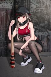 Rule 34 | 1girl, absurdres, black footwear, black hat, black shorts, blood, blood splatter, blush, brown hair, chain, earrings, full body, geomiddang, hat, highres, huge filesize, jewelry, long hair, looking at viewer, original, pantyhose, red eyes, red sports bra, shadow, shoes, shorts, solo, spiked bat, sports bra, squatting, torn clothes, torn pantyhose