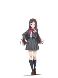 Rule 34 | 10s, 1girl, black socks, blue ribbon, body blush, bow, bowtie, breast pocket, breasts, brown footwear, brown hair, collared shirt, frown, full body, grey jacket, grey skirt, hair ornament, hair ribbon, hand on own hip, highres, jacket, kneehighs, leg up, loafers, long hair, looking at viewer, medium breasts, miniskirt, official art, open clothes, open jacket, parted bangs, pleated skirt, pocket, pointing, pointing at viewer, red bow, red bowtie, ribbon, saita hiroyuki, school uniform, seishou music academy uniform, shadow, shiny footwear, shirt, shirt tucked in, shoes, shoujo kageki revue starlight, skirt, socks, solo, standing, tendou maya, transparent background, v-shaped eyebrows, white shirt, x hair ornament
