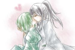 Rule 34 | 2girls, closed eyes, french kiss, green hair, grey hair, hand in another&#039;s hair, hand on another&#039;s head, heart, japanese clothes, juliet sleeves, kariginu, karuga (magusfly24), kiss, long sleeves, mononobe no futo, multiple girls, no headwear, ponytail, puffy sleeves, soga no tojiko, touhou, yuri