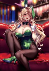 Rule 34 | 1girl, absurdres, animal ears, blonde hair, blurry, blurry background, breasts, buttons, cleavage, couch, covered navel, detached collar, fake animal ears, green leotard, hair ornament, hand up, hanikami kanojo, high heels, highres, hiiragi sano, knee up, large breasts, leotard, long hair, looking at viewer, open mouth, pantyhose, piromizu, playboy bunny, pulling own clothes, rabbit ears, red eyes, scan, shiny clothes, simple background, sitting, skin tight, smile, solo, strapless, strapless leotard, teeth, upper teeth only, wrist cuffs