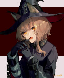 Rule 34 | 1girl, :d, absurdres, animal ears, arknights, black gloves, black hat, black jacket, blonde hair, cat ears, cat girl, commentary request, cuffs, ears through headwear, fang, gloves, hat, hat belt, haze (arknights), highres, jacket, long sleeves, looking at viewer, miike (992058), open mouth, orange eyes, short hair with long locks, signature, smile, solo, upper body, witch hat