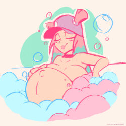 Rule 34 | 1girl, baseball cap, bath, bathing, belly, big belly, blue hair, blush, breasts, bubble, closed eyes, closed mouth, eyelashes, foamstars, hand on own stomach, hat, highres, lips, long hair, mature female, navel, nude, original, pink hair, pregnant, smile, soa (foamstars), soap bubbles, solo, wildegems