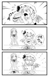 Rule 34 | 2girls, bat wings, bib, bow, braid, bread bun, burger, burger malfunction, chamaji, collared shirt, comic, commentary request, eating, egg (food), fang, food, fork, fried egg, greyscale, hair bow, hair ribbon, hat, hat ribbon, highres, holding, holding food, holding fork, holding knife, izayoi sakuya, ketchup, knife, lettuce, long hair, maid, maid headdress, medium hair, mob cap, monochrome, multiple girls, neck ribbon, open mouth, plate, pointy ears, puffy short sleeves, puffy sleeves, remilia scarlet, ribbon, shirt, short hair, short sleeves, slit pupils, spilling, sweatdrop, table, tomato, tomato slice, touhou, twin braids, wings
