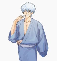 Rule 34 | 1boy, arm out of sleeve, black eyes, blue hair, blue kimono, collarbone, cowboy shot, dango, eating, food, gintama, godzillapigeon1, grey background, grin, half-closed eyes, hand up, happy, holding, holding food, japanese clothes, kimono, long sleeves, looking to the side, male focus, pectoral cleavage, pectorals, sakata gintoki, sash, short hair, sidelocks, simple background, skewer, smile, solo, standing, teeth, wagashi, wide sleeves