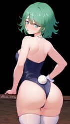 Rule 34 | 1girl, artist name, ass, bare arms, bare back, bare shoulders, black background, black leotard, blush, butt erf1y, from behind, furrowed brow, green eyes, green hair, hair between eyes, highres, leotard, looking at viewer, looking back, one-punch man, open mouth, playboy bunny, rabbit tail, short hair, simple background, solo, tail, tatsumaki, thick thighs, thighhighs, thighs, white thighhighs