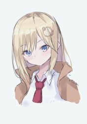 Rule 34 | :&lt;, blonde hair, blue eyes, breasts, collared shirt, detective, hair ornament, hayashi maka, head tilt, high-waist skirt, highres, holding, holding magnifying glass, hololive, hololive english, light blush, long sleeves, looking at viewer, magnifying glass, medium hair, monocle, necktie, portrait, red necktie, shirt, simple background, skirt, solo, standing, straight hair, virtual youtuber, watson amelia, watson amelia (1st costume), white background, white shirt