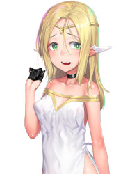 Rule 34 | 1girl, bare shoulders, black choker, black gloves, blush, breasts, choker, cleavage cutout, clothing cutout, collarbone, commentary request, dress, ear covers, elf, female focus, gloves, green eyes, h kasei, half gloves, highres, long hair, looking at viewer, original, pointy ears, side slit, simple background, small breasts, solo, tiara, upper body, white background, white dress