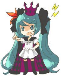 Rule 34 | cape, chibi, crown, fang, green eyes, green hair, hat, hatsune miku, long hair, lowres, pointing, solo, thighhighs, twintails, urate (mearo), very long hair, vocaloid, world is mine (vocaloid)