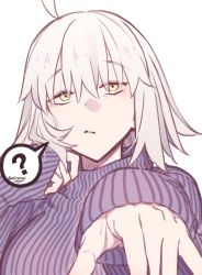 Rule 34 | 1girl, ?, breasts, fate/grand order, fate (series), highres, jeanne d&#039;arc (fate), jeanne d&#039;arc alter (avenger) (fate), jeanne d&#039;arc alter (fate), large breasts, long sleeves, looking at viewer, mitsurugi sugar, purple sweater, short hair, silver hair, solo, spoken question mark, sweater, white background, yellow eyes