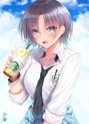 Rule 34 | 1girl, :d, aqua eyes, asakura toru, bad id, bad pixiv id, black necktie, blue hair, blue nails, blush, breast pocket, clothes around waist, cloud, collared shirt, cup, day, disposable cup, earrings, gradient hair, holding, holding cup, idolmaster, idolmaster shiny colors, jewelry, looking at viewer, multicolored hair, nail polish, necktie, open mouth, parted bangs, pen, pocket, school uniform, shirt, short hair, signature, silver hair, sleeves rolled up, smile, solo, starbucks, upper body, wing collar, yunagi amane