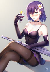 Rule 34 | 1girl, absurdres, aqua eyes, bare shoulders, black choker, black dress, black gloves, black pantyhose, blush, breasts, choker, cleavage, commentary request, dress, elbow gloves, feet out of frame, flower, gloves, hair flower, hair ornament, highres, holding, hua-j, large breasts, pantyhose, purple hair, short hair, smile, solo, thighband pantyhose, tight clothes, tongue, tongue out, white flower