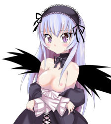 Rule 34 | 00s, 1girl, blush, breasts, gothic lolita, hairband, large breasts, lolita fashion, long hair, nipples, purple eyes, rozen maiden, shirika, solo, suigintou, topless, white hair, wings