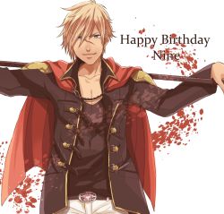 Rule 34 | 1boy, belt, blonde hair, blue eyes, cape, character name, dark skin, final fantasy, final fantasy type-0, happy birthday, kino (o2ban0), looking at viewer, male focus, nine (fft-0), pants, polearm, scar, school uniform, simple background, smile, solo, spear, weapon, white background, white pants
