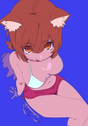 Rule 34 | 1girl, animal ear fluff, arm support, bare arms, bare shoulders, bikini, brown eyes, brown hair, closed mouth, commentary request, dolphin shorts, feet out of frame, from above, hair between eyes, highres, looking at viewer, looking up, nijisanji, purple background, ratna petit, red panda ears, red shorts, shallow water, short shorts, shorts, sirataki umauma, sitting, solo, swimsuit, tongue, tongue out, virtual youtuber, water, white bikini