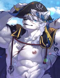 Rule 34 | 1boy, abs, anchor, animal ears, bara, bare pectorals, blue eyes, chest tuft, coat, day, dog boy, dog ears, dog tail, furry, furry male, glint, hat, highres, large pectorals, looking at viewer, male focus, muscular, muscular male, nipples, original, pectorals, pirate, pirate hat, scar, short hair, solo, tail, ttn (239 239), upper body, white fur