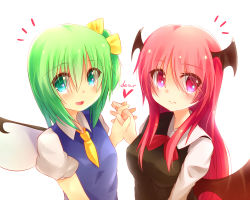 Rule 34 | 2girls, bad id, bad pixiv id, bat wings, blush stickers, breasts, daiyousei, dress shirt, fairy wings, fang, female focus, green eyes, green hair, hair ribbon, head wings, heart, holding hands, koakuma, long hair, looking at viewer, multiple girls, necktie, open mouth, puffy sleeves, red eyes, red hair, ribbon, shirt, short hair, short sleeves, side ponytail, sidelocks, simple background, smile, taoru, touhou, upper body, vest, white background, wings