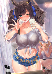 Rule 34 | 2girls, animal ears, blush, bra, breasts, cellphone, cleavage, crop top, ear ornament, gold city (umamusume), hair ribbon, happy, highres, holding, holding phone, horse ears, horse girl, kawai (purplrpouni), large breasts, leaning forward, makeup, multiple girls, nail polish, navel, one eye closed, open mouth, phone, ribbon, see-through, see-through shirt, selfie, shirt, short shorts, shorts, smile, thick thighs, thigh gap, thighs, tied shirt, tosen jordan (umamusume), twintails, umamusume, underwear