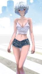 Rule 34 | 1girl, absurdres, ayanami rei, bare arms, bare legs, blue hair, bob cut, breasts, cleavage, collarbone, day, denim, denim shorts, grey shorts, highres, looking at viewer, medium breasts, midriff, navel, neon genesis evangelion, outdoors, parted lips, red eyes, revealing clothes, short hair, short shorts, shorts, solo, spaghetti strap, standing, stomach, thigh gap, y.kami nao/take