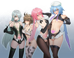 Rule 34 | 4boys, :d, alternate hairstyle, animal print, ansel (arknights), arene (arknights), arknights, beret, bikini, bikini top only, bison (arknights), black bow, black bowtie, black gloves, black thighhighs, blue eyes, blue hair, blush, bow, bowtie, bra, brown eyes, brown hair, bulge, chastity cage, closed mouth, cow horns, cow print, cow print bikini, cow print gloves, cow print thighhighs, crossdressing, elbow gloves, gins, gloves, green eyes, grey hair, hair between eyes, hair over one eye, hat, highres, holding, holding riding crop, horns, long hair, mizuki (arknights), multiple boys, navel, nipple piercing, nipples, one eye closed, open mouth, ox ears, ox horns, pantyhose, penis, piercing, pink eyes, pink hair, print bikini, print gloves, print thighhighs, pubic tattoo, riding crop, small penis, smile, swimsuit, tattoo, testicles, thighhighs, tongue, tongue out, trap, underwear