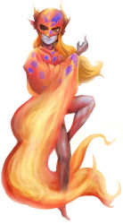 Rule 34 | 1990s (style), 1girl, bare legs, barefoot, black skin, blonde hair, cloak, closed mouth, colored skin, female focus, final fantasy, final fantasy iv, floating, full body, gender request, genderswap, gradient hair, helmet, leg up, long hair, looking at viewer, mikel (4hands), multicolored hair, one-eyed, orange hair, red eyes, retro artstyle, rubicante, simple background, smile, solo, soma peries, square enix, white background