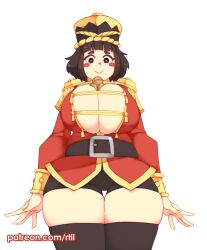Rule 34 | black eyes, black hair, black shorts, black thighhighs, blush stickers, breasts, bright pupils, christmas, cleavage, closed mouth, cowboy shot, epaulettes, hat, huge breasts, long sleeves, looking at viewer, nutcracker, original, patreon username, personification, rtil, short hair, shorts, smile, thick thighs, thighhighs, thighs, walnut, white background, white pupils