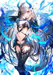 Rule 34 | 1girl, absurdres, black hair, blue eyes, breasts, cleavage, dragon girl, dragon horns, dragon tail, dragon wings, feet out of frame, grey hair, hair between eyes, hands up, highres, horns, kayahara, long hair, looking at viewer, medium breasts, midriff, mole, mole under eye, multicolored hair, navel, original, solo, standing, tail, two-tone hair, very long hair, wings