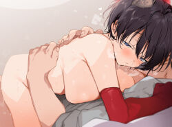 Rule 34 | 1boy, 1girl, animal ears, black hair, blue archive, blush, breast press, breasts, breath, clothed male nude female, commentary request, commission, cowgirl position, elbow gloves, gloves, grey shirt, half-closed eyes, hetero, hug, large breasts, nonoyama, nude, raccoon ears, sex, shirt, skeb commission, straddling, sweat, tsubaki (blue archive)