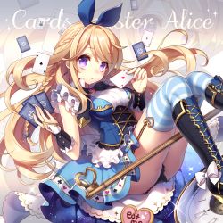 Rule 34 | 1girl, ace (playing card), alice (alice in wonderland), alice in wonderland, black footwear, black panties, blonde hair, blue ribbon, blue skirt, blue thighhighs, boots, braid, breasts, brooch, card, clock, club (shape), corset, cross-laced footwear, cursive, english text, garter straps, hair ribbon, heart, jewelry, lace-up boots, long hair, looking at viewer, masaru.jp, medium breasts, miniskirt, original, panties, playing card, purple eyes, ribbon, sitting, skirt, solo, spade (shape), starry sky print, striped clothes, striped thighhighs, thighhighs, underwear, very long hair