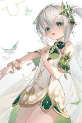 Rule 34 | 1girl, armlet, bare shoulders, bracelet, child, genshin impact, green eyes, hair between eyes, hair ornament, hand on own chest, highres, jewelry, long hair, looking at viewer, nahida (genshin impact), open mouth, pointy ears, side ponytail, sleeveless, teeth, upper teeth only, white hair, zombie ke