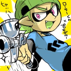 Rule 34 | 1boy, aerospray (splatoon), beanie, bike shorts, fang, green hair, hat, inkling, inkling boy, inkling player character, layered clothes, long sleeves, lowres, male focus, male inkling, nana (raiupika), nintendo, pink eyes, pointing, pointing at viewer, shirt, simple background, smile, solo, splatoon (series), splatoon 1, t-shirt, tentacle hair, translation request, yellow background