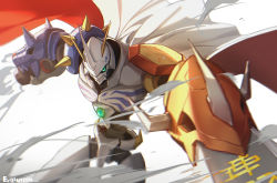 Rule 34 | absurdres, armor, cape, digimon, digimon (creature), gun, highres, horns, looking at viewer, no humans, omegamon, red cape, solo, spikes, sword, weapon, white cape, yumuto (spring1786)