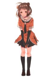 Rule 34 | 1girl, absurdres, antenna hair, black gloves, black skirt, brown eyes, brown hair, commentary request, double bun, elbow gloves, full body, gloves, highres, kantai collection, leaning forward, looking at viewer, naka (kancolle), orange serafuku, pleated skirt, sailor collar, school uniform, serafuku, simple background, skirt, smile, solo, standing, tachibana!, thighhighs, white background, white sailor collar