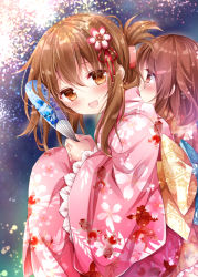 Rule 34 | 10s, 2girls, :d, blush, brown eyes, brown hair, fireworks, floral print, folded ponytail, hair ornament, hairclip, hand fan, holding, ikazuchi (kancolle), inazuma (kancolle), japanese clothes, kantai collection, kimono, long hair, long sleeves, looking at viewer, multiple girls, nogi takayoshi, obi, open mouth, own hands together, paper fan, sash, smile, uchiwa, wide sleeves, yukata