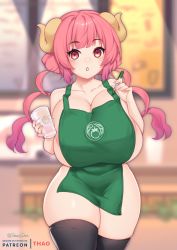 Rule 34 | 1girl, apron, areola slip, bare shoulders, barista, black thighhighs, blurry, blurry background, bottomless, breasts, cafe, cleavage, coffee cup, cup, curvy, disposable cup, dragon girl, dragon horns, female focus, green apron, highres, holding, holding cup, holding marker, horns, huge breasts, huge weapon, iced latte with breast milk (meme), ilulu (maidragon), kobayashi-san chi no maidragon, large breasts, long hair, looking at viewer, marker, matching hair/eyes, meme, naked apron, patreon username, pink eyes, pink hair, sideboob, skindentation, slit pupils, solo, standing, thick thighs, thighhighs, thighs, tomathao, topless, twintails, twitter username, weapon