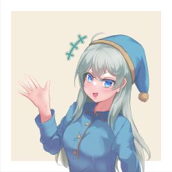 Rule 34 | +++, 1girl, ahoge, arm at side, assault lily, blue eyes, blue hat, blue pajamas, blue shirt, border, breasts, brown background, buttons, commentary request, grey hair, hair down, hand up, hat, highres, kanabako misora, long hair, long sleeves, looking at viewer, medium breasts, nightcap, open hand, open mouth, outside border, pajamas, pom pom (clothes), shirt, sidelocks, simple background, smirk, solo, ueharu, upper body, white border