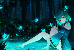 Rule 34 | 1girl, absurdres, bare shoulders, barefoot, blunt bangs, bug, bush, butterfly, butterfly on hand, butterfly on head, closed mouth, commentary, detached collar, detached sleeves, double bun, dress, fireflies, forest, from side, grass, green dress, green hair, hair bun, head tilt, highres, hololive, hwa sawa, insect, legs, nature, night, red eyes, reflection, reflective water, short dress, short hair, short hair with long locks, sitting, smile, soaking feet, solo, tree, uruha rushia, uruha rushia (1st costume), virtual youtuber, water