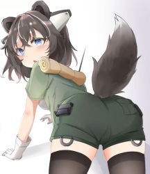 Rule 34 | 1girl, animal ears, blue eyes, brown hair, character request, daebom, from behind, gloves, gradient background, hair between eyes, leaning forward, m10 wolverine (warthunder), multicolored hair, open mouth, pale skin, pocket, source request, sweatdrop, tail, thighhighs, two-tone hair, uniform, white gloves