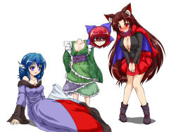 Rule 34 | 3girls, animal ears, blue eyes, blue hair, blush, bow, breast envy, breasts, brooch, brown hair, cape, cleavage, collarbone, cosplay, costume switch, disembodied head, dress, fins, hair bow, hand on own hip, head fins, highres, imaizumi kagerou, imaizumi kagerou (cosplay), japanese clothes, jewelry, kimono, large breasts, long dress, long hair, long sleeves, looking at viewer, mermaid, miniskirt, monster girl, multiple girls, obi, open mouth, red cape, red eyes, red hair, red skirt, sash, sekibanki, sekibanki (cosplay), shaded face, shirt, short hair, simple background, sitting, skirt, smile, tail, ten&#039;yoku, touhou, very long hair, wakasagihime, wakasagihime (cosplay), wavy mouth, white background, wide sleeves, wolf ears, wolf tail