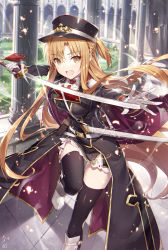 Rule 34 | 1girl, asuna (sao), black thighhighs, brown eyes, brown hair, gabiran, gloves, hat, highres, holding, holding sword, holding weapon, long sleeves, looking at viewer, military, military uniform, open mouth, saber (weapon), smile, sword, sword art online, teeth, thighhighs, thighs, uniform, upper teeth only, weapon, white gloves, zettai ryouiki